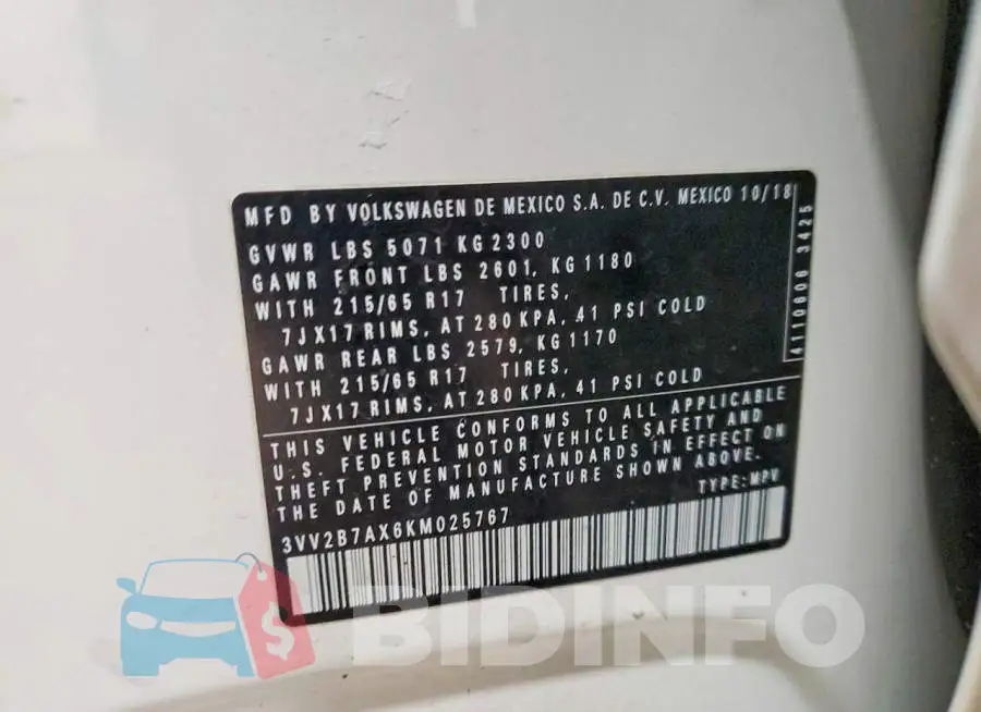 3VV2B7AX6KM025767 Photo# 13