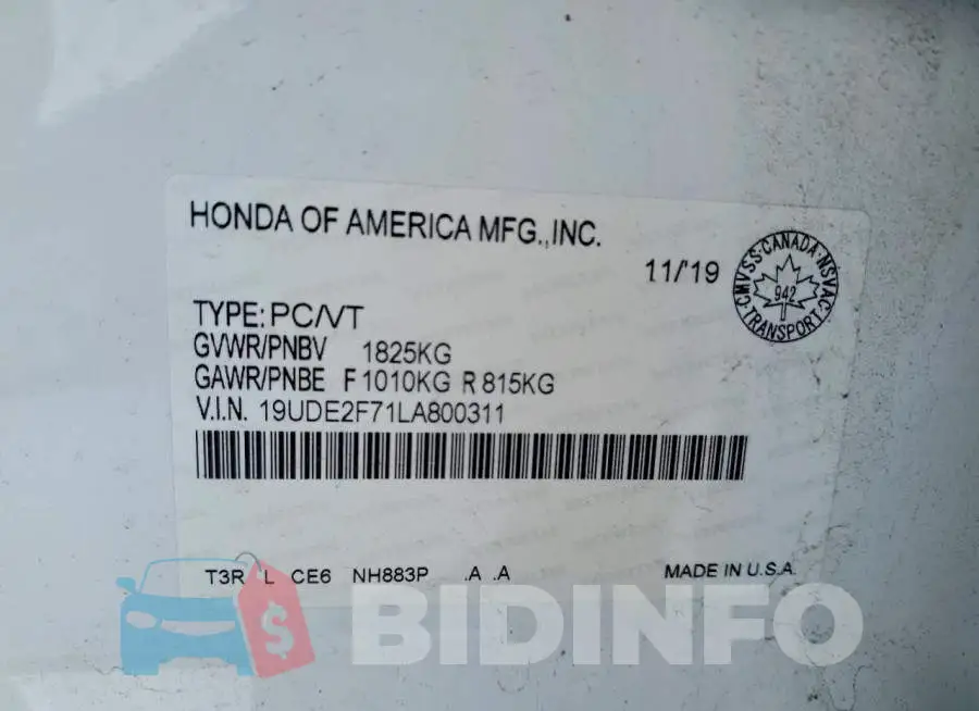 19UDE2F71LA800311 Photo# 12