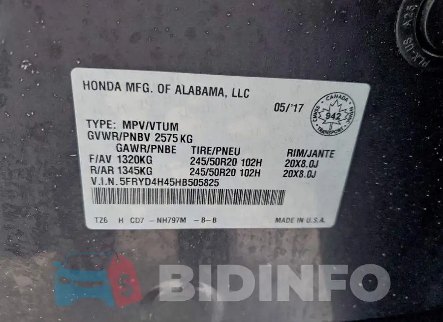 5FRYD4H45HB505825 Photo# 14