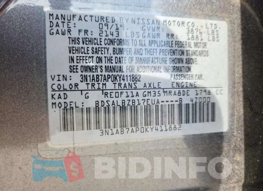 3N1AB7AP0KY411882 Photo# 12