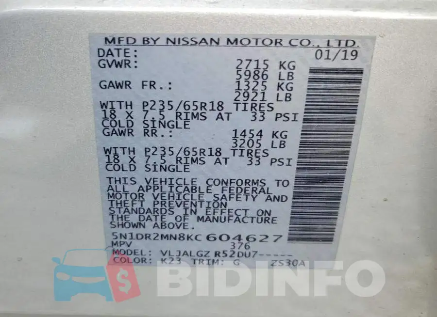 5N1DR2MN8KC604627 Photo# 13