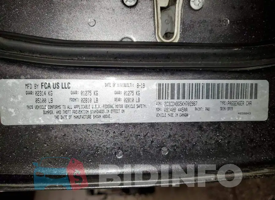 2C3CDXBG5KH702967 Photo# 12