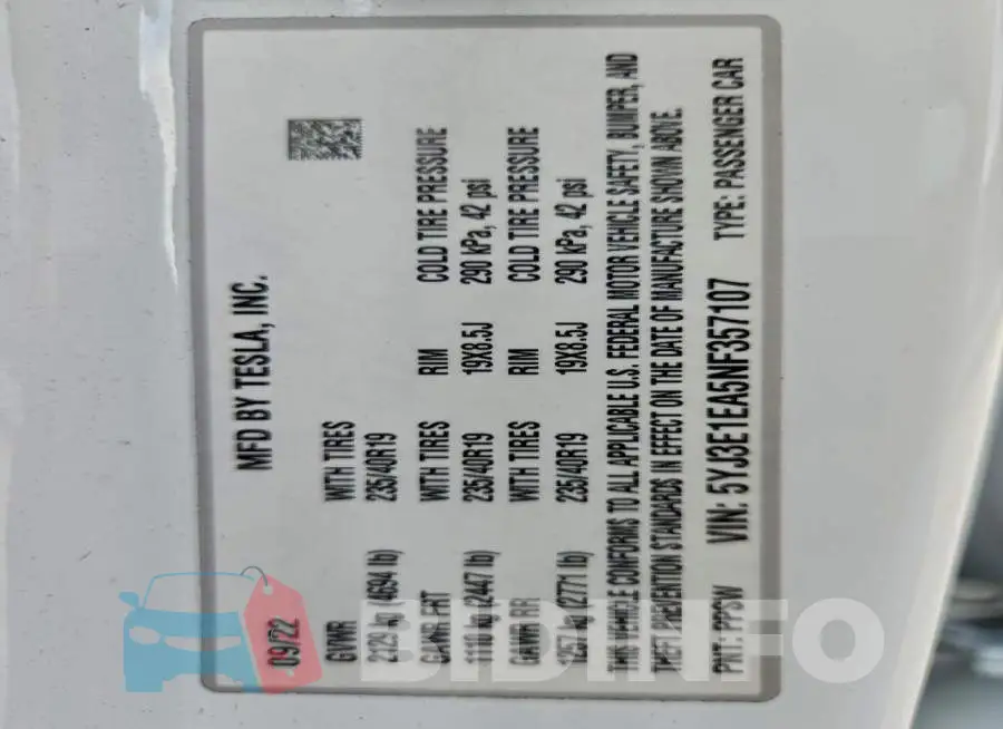 5YJ3E1EA5NF357107 Photo# 12