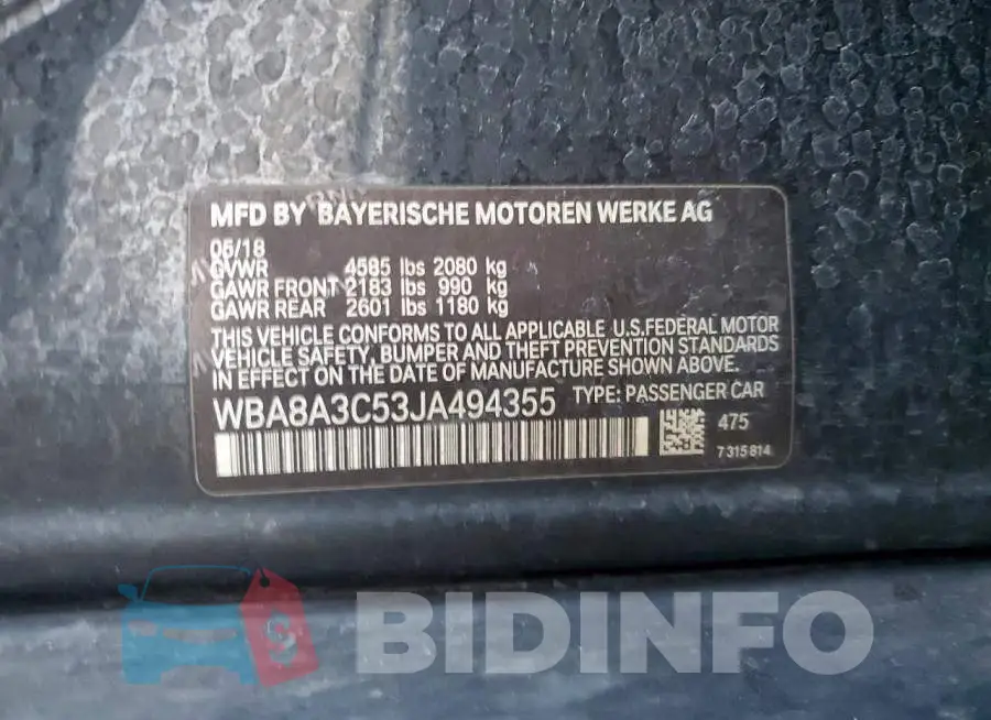 WBA8A3C53JA494355 Photo# 12