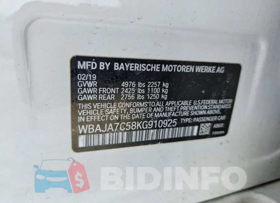 WBAJA7C58KG910925 Photo# 12