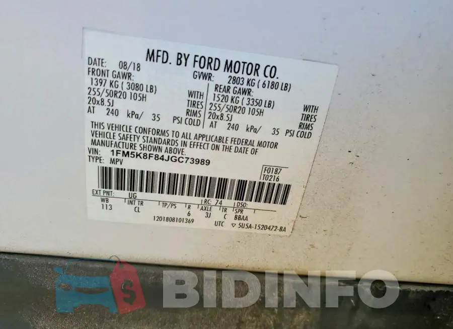 1FM5K8F84JGC73989 Photo# 13