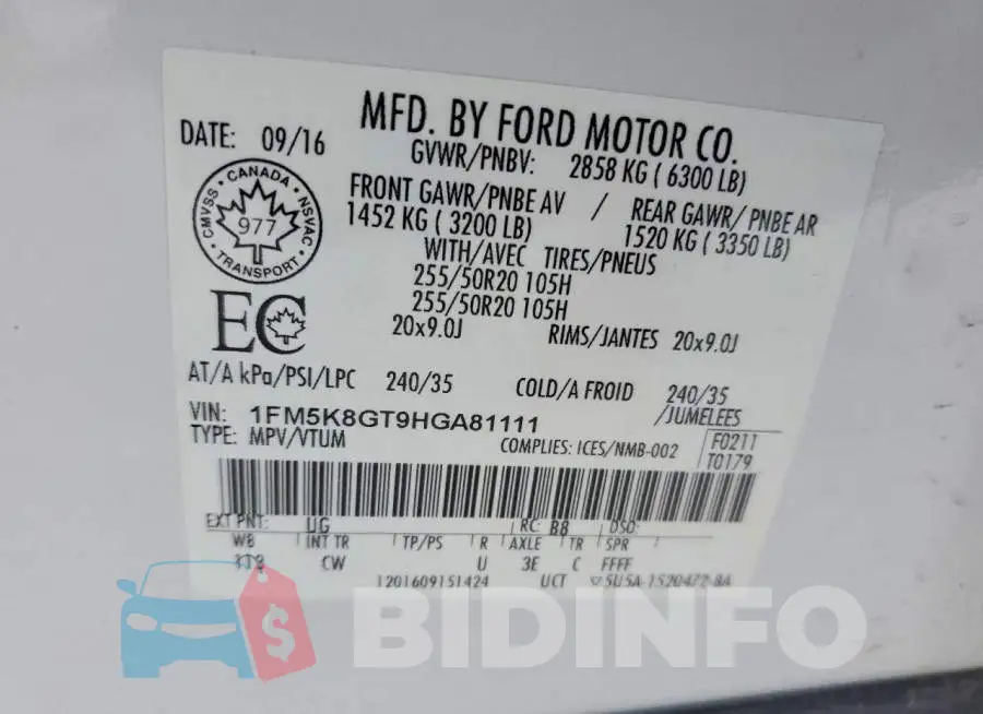 1FM5K8GT9HGA81111 Photo# 13