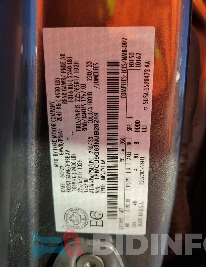 1FMCU9G63NUB28289 Photo# 14