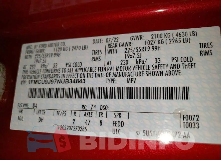1FMCU9J97NUB34843 Photo# 13