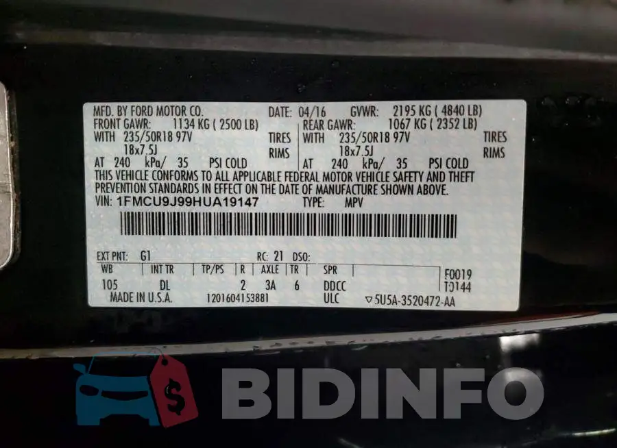 1FMCU9J99HUA19147 Photo# 13