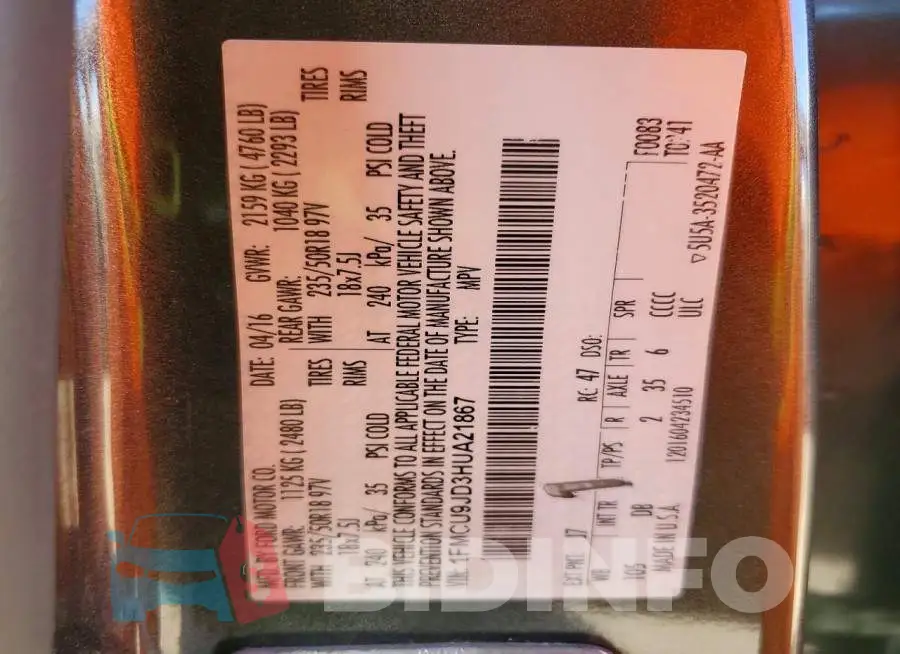 1FMCU9JD3HUA21867 Photo# 13