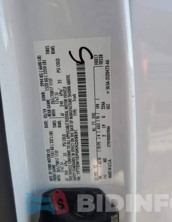 1FTEW1EP0KKD05831 Photo# 12