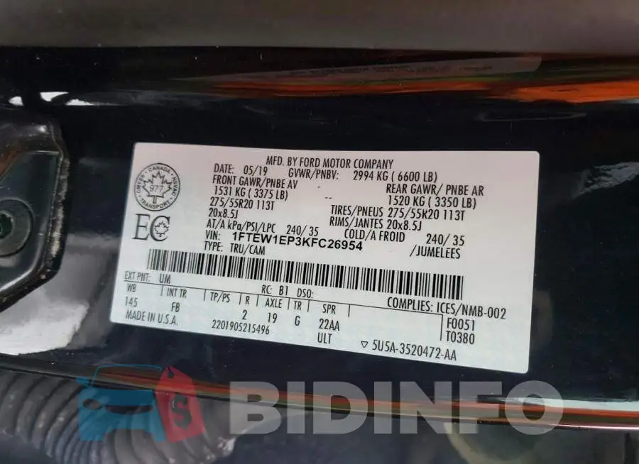 1FTEW1EP3KFC26954 Photo# 12
