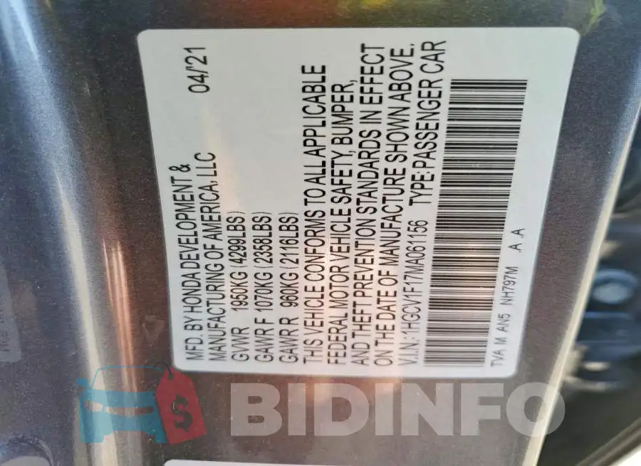 1HGCV1F17MA061156 Photo# 12