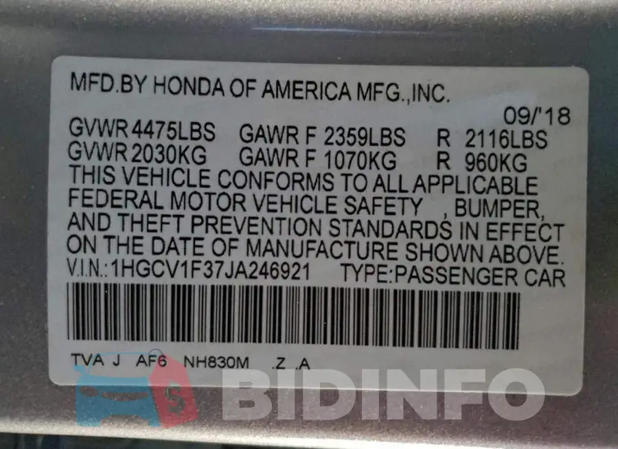 1HGCV1F37JA246921 Photo# 12