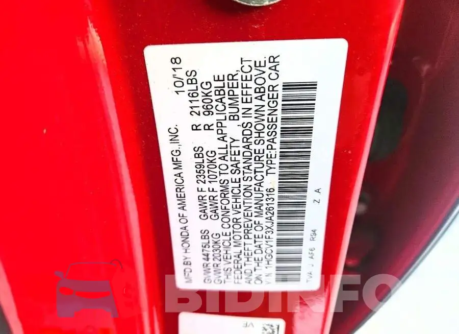 1HGCV1F3XJA261316 Photo# 12