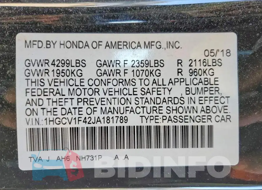 1HGCV1F42JA181789 Photo# 12