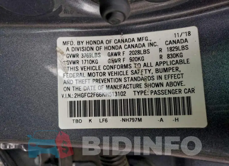 2HGFC2F66KH513102 Photo# 12