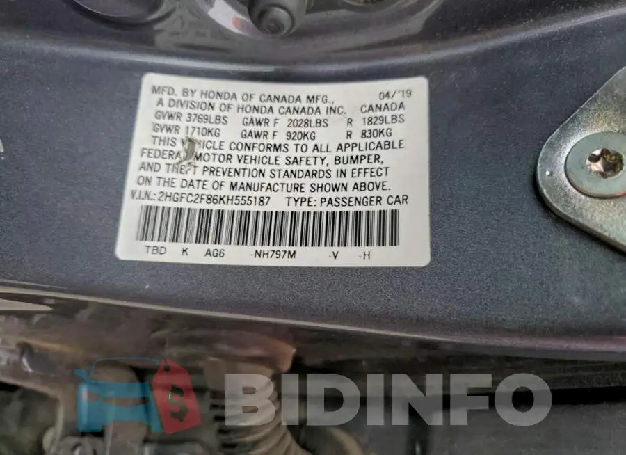 2HGFC2F86KH555187 Photo# 12
