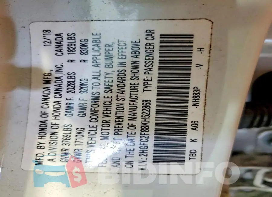 2HGFC2F88KH522868 Photo# 12