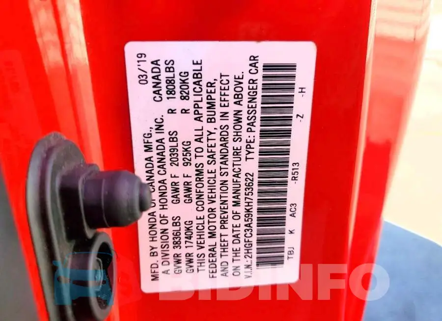 2HGFC3A59KH753622 Photo# 12