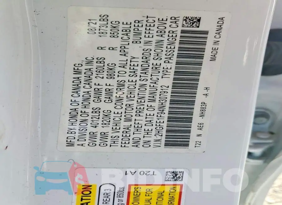2HGFE1F94NH307912 Photo# 12