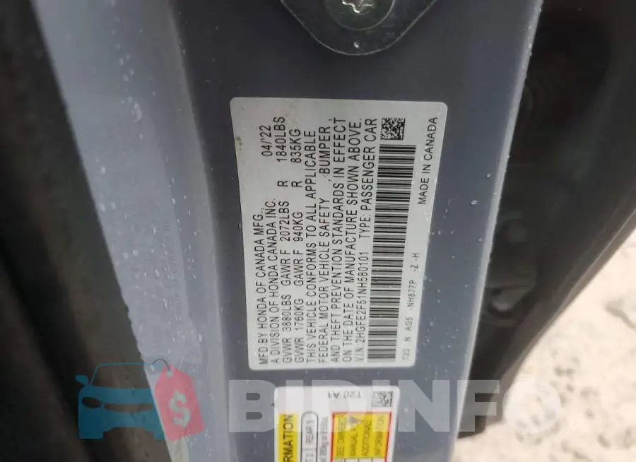 2HGFE2F51NH580101 Photo# 13