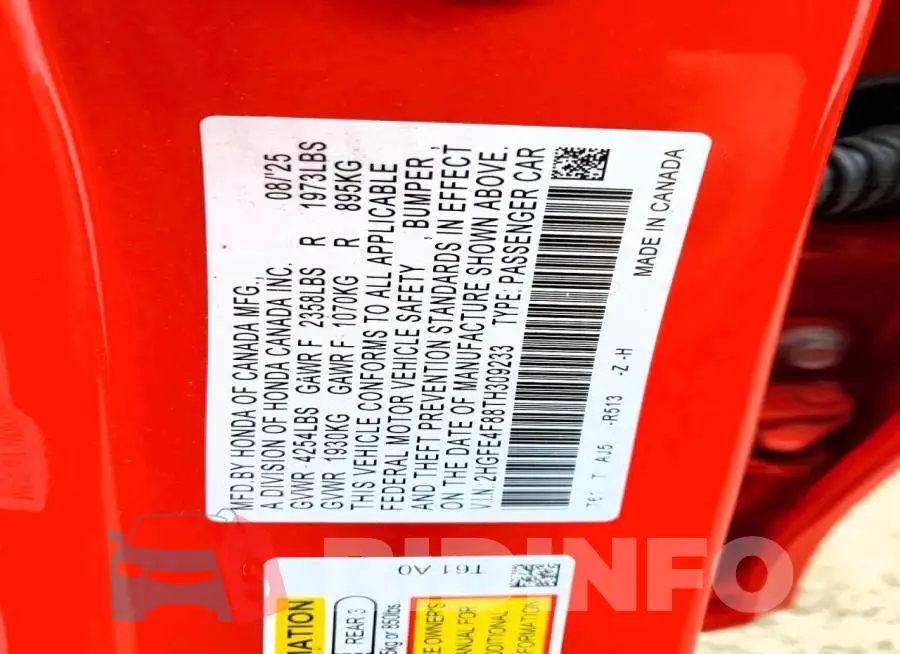 2HGFE4F88TH309233 Photo# 12