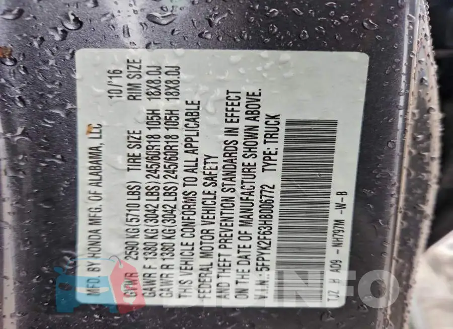 5FPYK2F63HB006772 Photo# 13