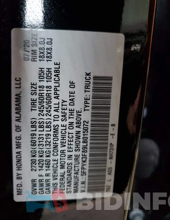 5FPYK3F89LB015072 Photo# 13