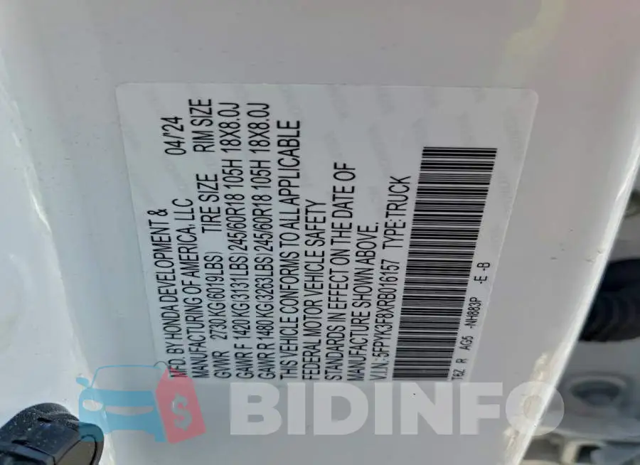 5FPYK3F8XRB016157 Photo# 12