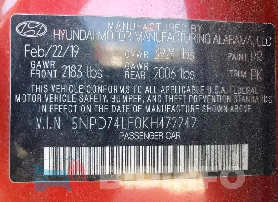 5NPD74LF0KH472242 Photo# 12
