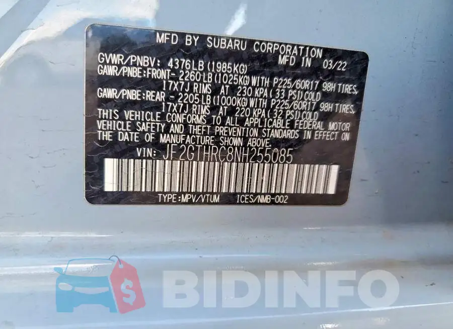 JF2GTHRC8NH255085 Photo# 14