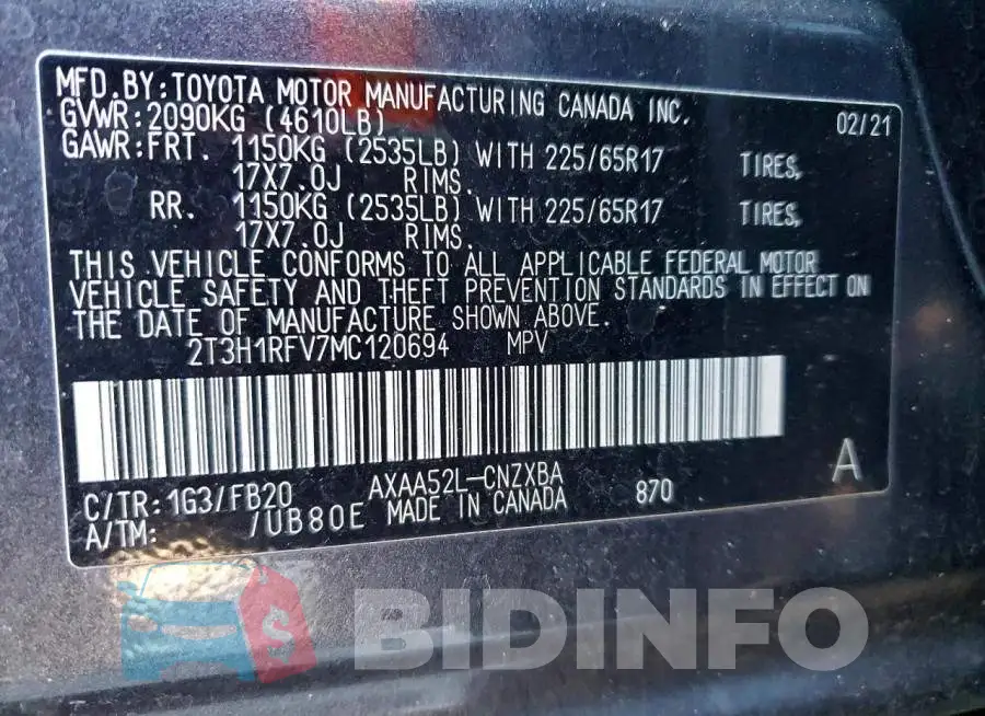 2T3H1RFV7MC120694 Photo# 14