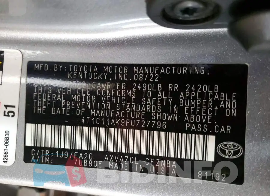 4T1C11AK9PU727796 Photo# 12
