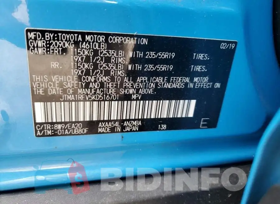 JTMA1RFV5KD516701 Photo# 12