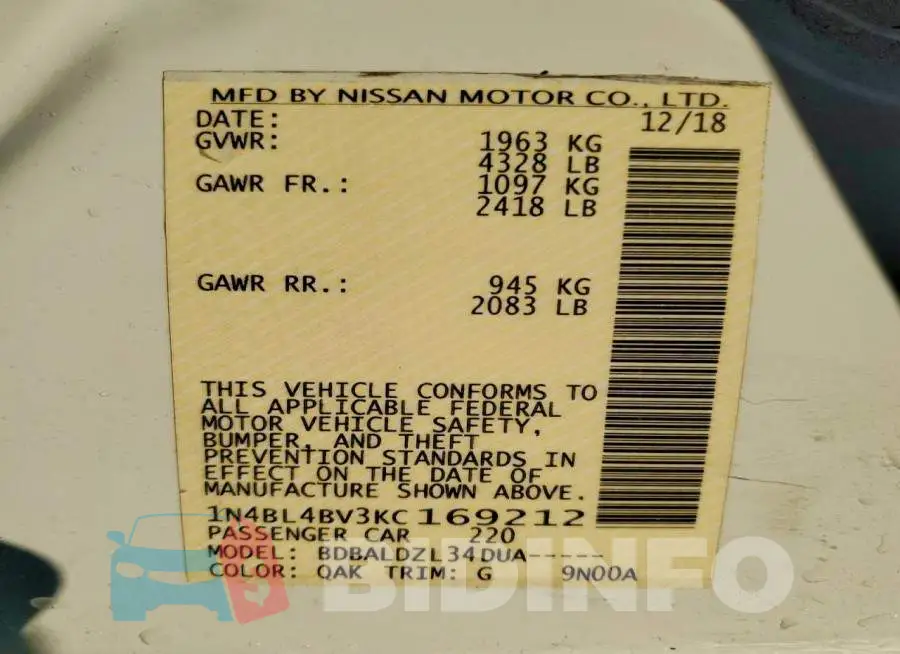 1N4BL4BV3KC169212 Photo# 12