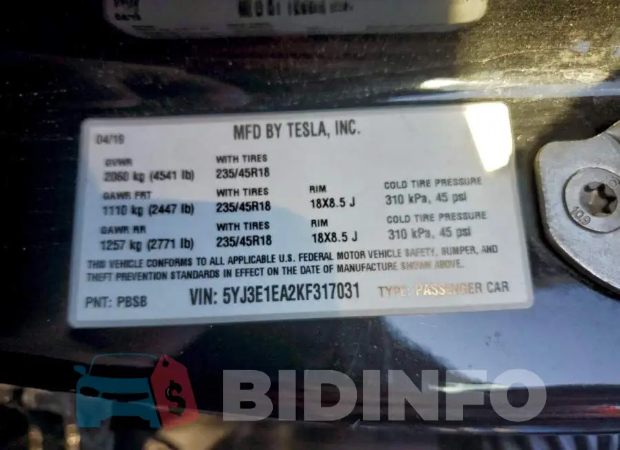 5YJ3E1EA2KF317031 Photo# 12
