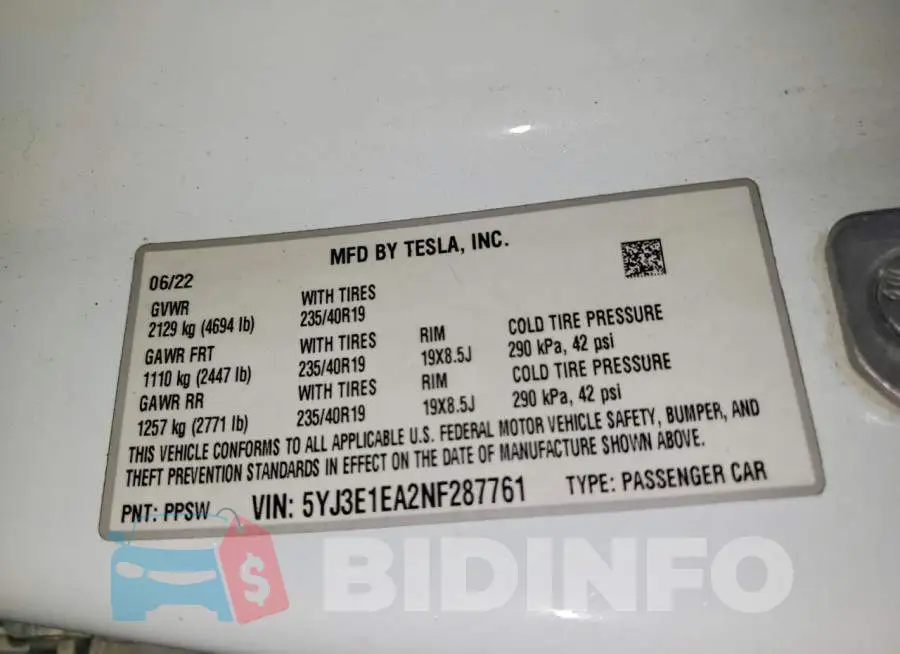 5YJ3E1EA2NF287761 Photo# 13