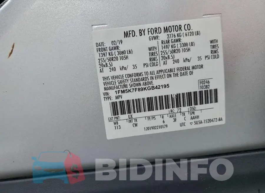 1FM5K7F89KGB42195 Photo# 13