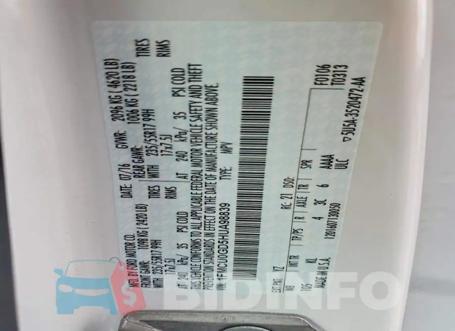 1FMCU0GD5HUA98839 Photo# 12