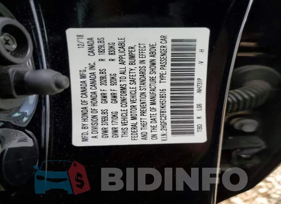 2HGFC2F81KH518516 Photo# 13