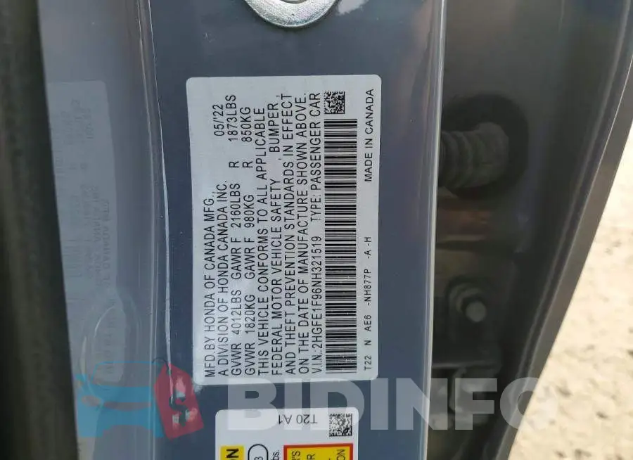 2HGFE1F96NH321519 Photo# 12