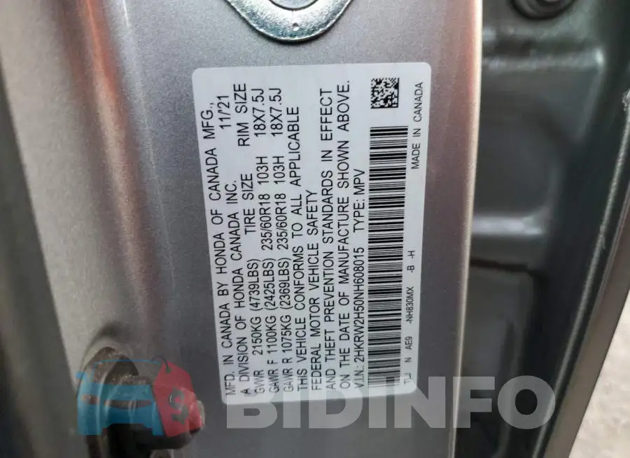 2HKRW2H50NH608015 Photo# 13