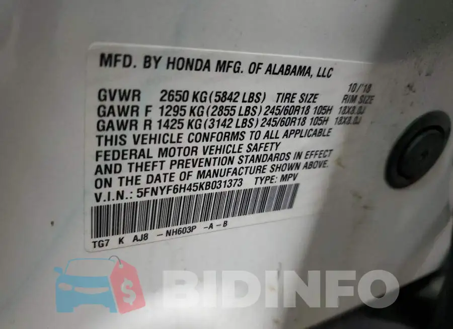 5FNYF6H45KB031373 Photo# 13