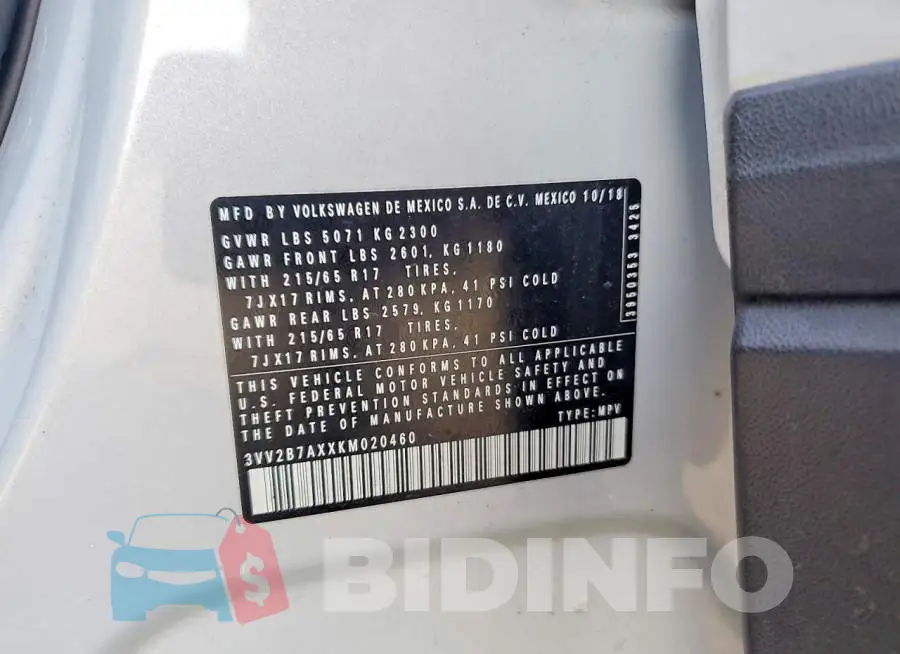 3VV2B7AXXKM020460 Photo# 12