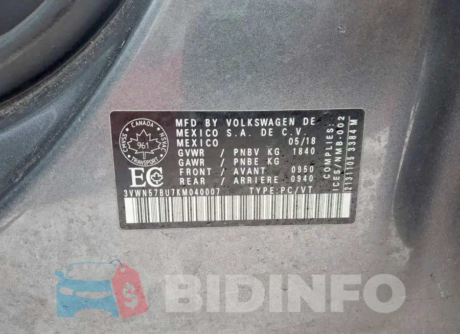 3VWN57BU7KM040007 Photo# 13