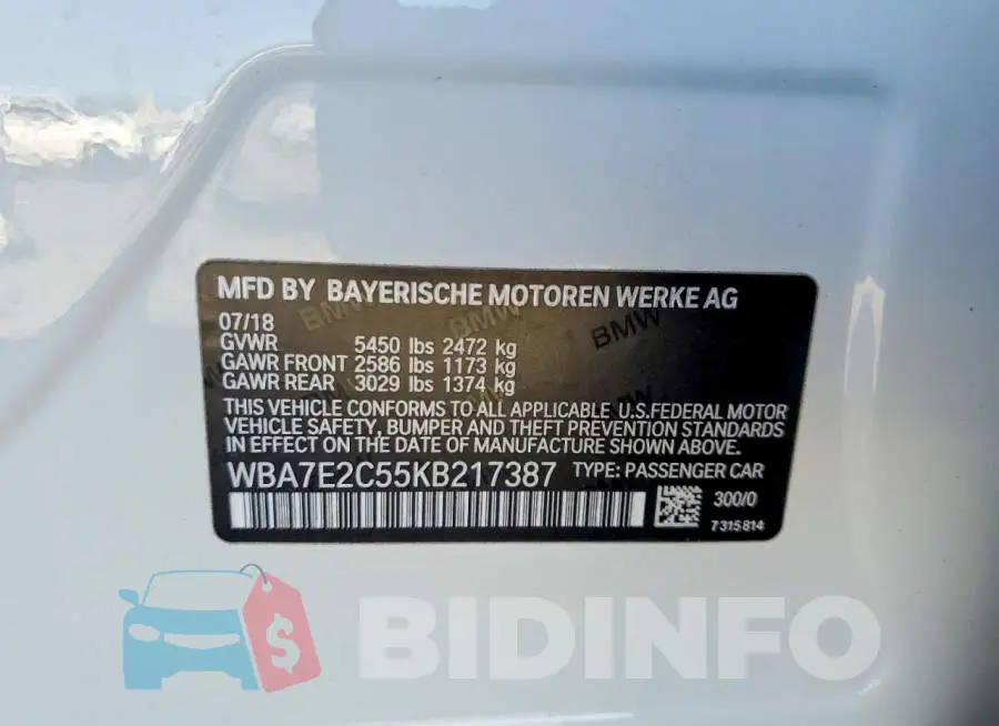 WBA7E2C55KB217387 Photo# 13