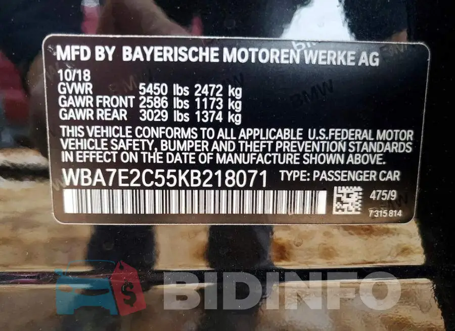 WBA7E2C55KB218071 Photo# 12