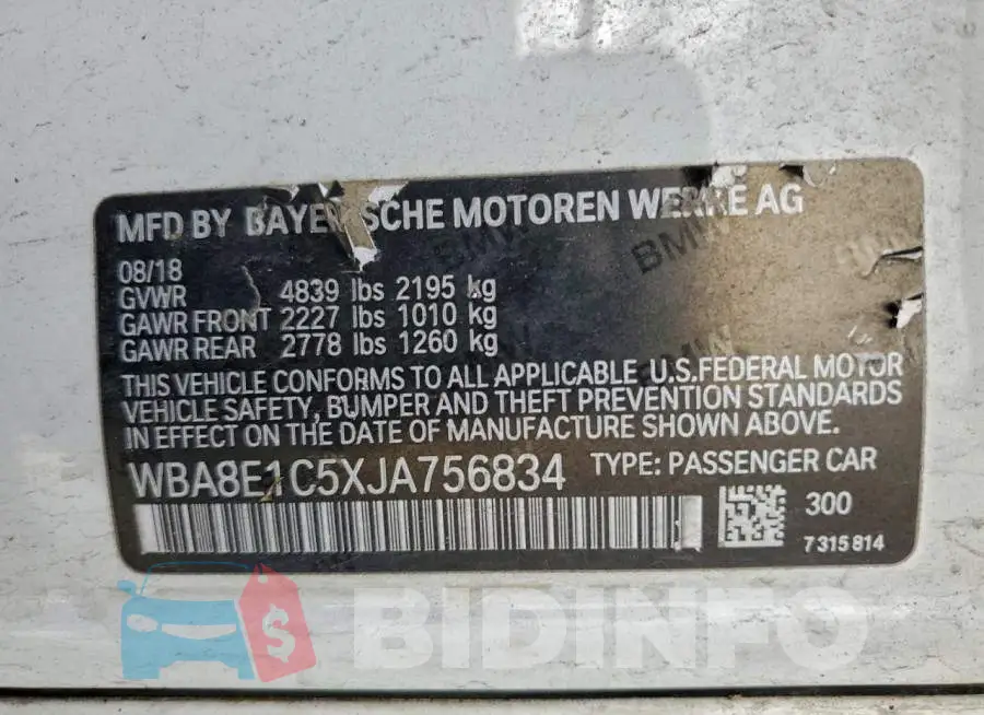 WBA8E1C5XJA756834 Photo# 12